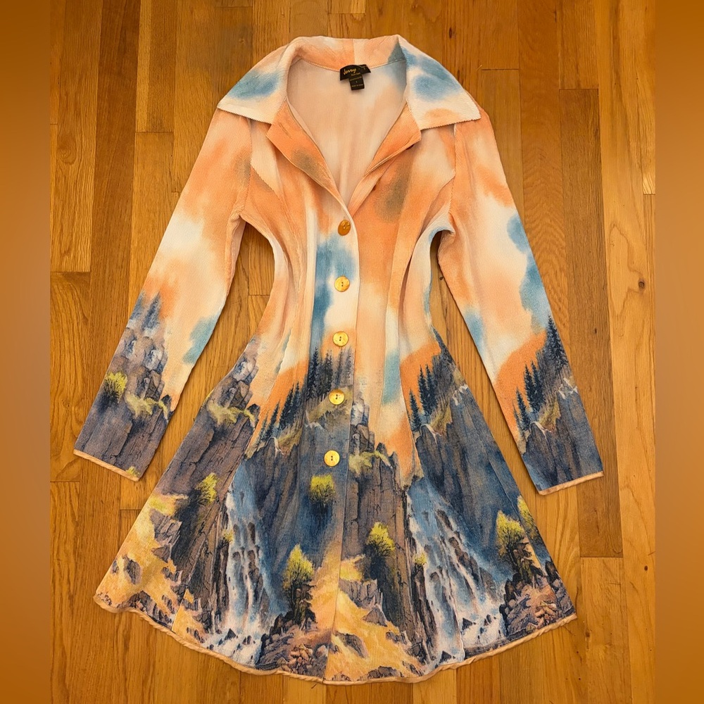 Vintage Scenic Print Button-Down Mini Dress